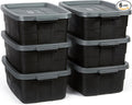 Rubbermaid 6-Pack Totes for Storage with Lids Heavy Duty Plastic Storage Bins with Lids Black Gray 10 GAL - Stackable for Garage Attic Camping (10 GAL - 6 Pack Solid Black and Grey)