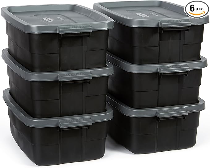 Rubbermaid 6-Pack Totes for Storage with Lids Heavy Duty Plastic Storage Bins with Lids Black Gray 10 GAL - Stackable for Garage Attic Camping (10 GAL - 6 Pack Solid Black and Grey)