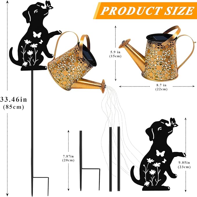 Solar Lights Outdoor Decorative Watering Can with Cascading Lights with Dog Silhouette Garden Stakes Gifts for Mom Women Waterproof Metal Garden Decor for Yard Art Outside(1 Pack)