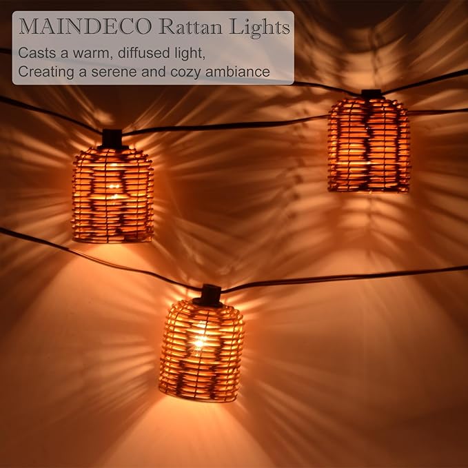 Natural Rattan String Lights 10 Rustic Raffia Cage 13 Ft Plug in &amp Connectable Wicker LightsNatural Color Rattan