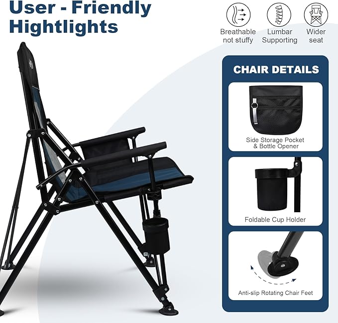 Camping Chair Portable Folding Lawn Chair Comfortable Hard Arm Sturdy for Family Camp Outdoor Sports Beach Travel Support 400 lbs Black&ampBlue