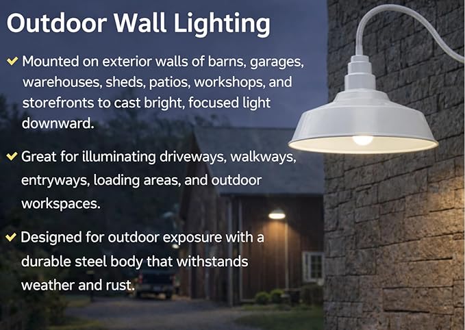 AGB102-AS20-WH Gooseneck Barn Light - White Outdoor Dome with Incandescent Downlight | Wall-Mount Fixture for Patios Gardens Pathways and Large Outdoor Living Spaces