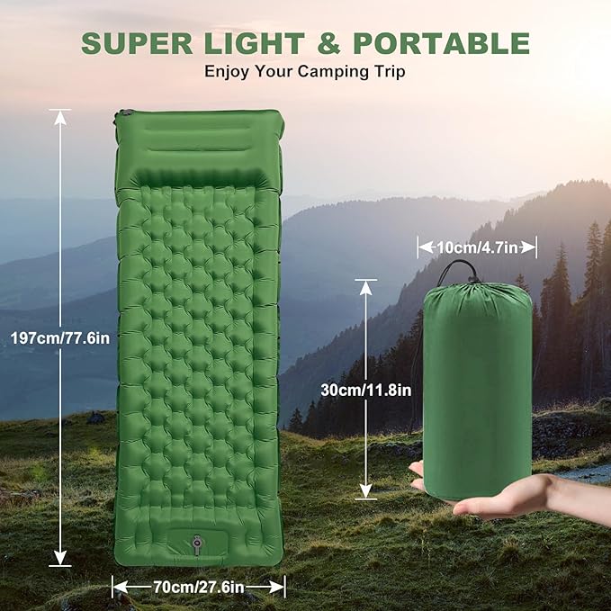 Camping Sleeping Pad with Pillow: Extra Thick 4.7 Inch Ultralight Self Inflating Air Mat Connectable 50D Insulated Sleep Mattress for Backpacking Camp Hiking Tent (Olive Green)
