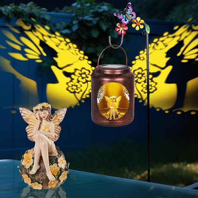 Metal Solar Lantern with Fairy Patterns &amp Resin Fairy Statue Inside Garden Decor Gifts for Women Mom Grandma Hanging Solar Lights Decoration Outside for Yard Patio Porch(Shepherds Hook Included