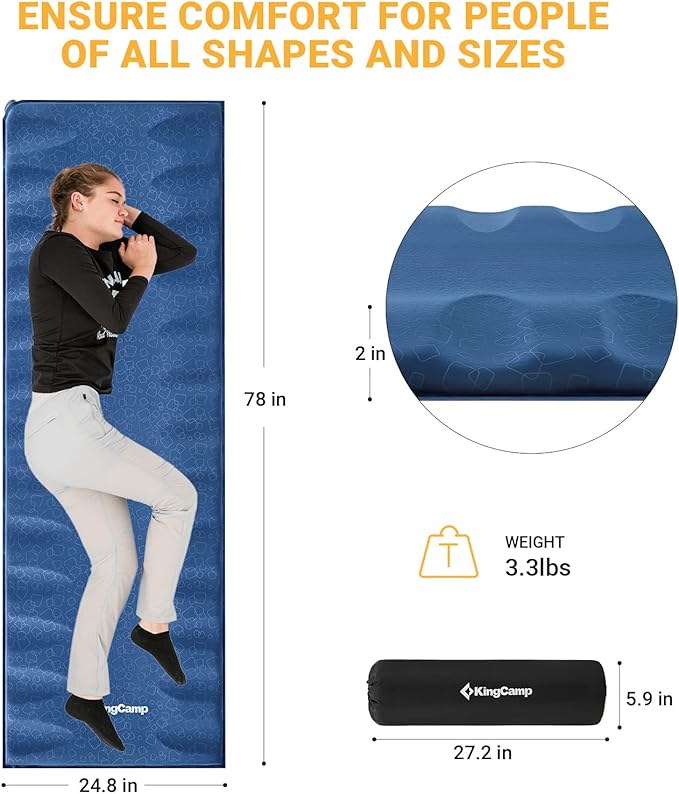 KingCamp Sleeping Pad for Camping Rollover Prevention Self Inflating Sleeping Pad Camping Mattress Foam Mat with Butterfly Edge Cut for Outdoor &amp Indoor Tent Cot Car Backpacking PVC Free
