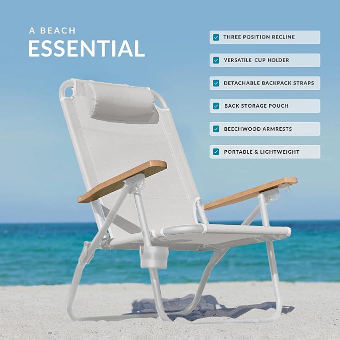 Water Buffalo Bondi Beach Chair – Backpack Beach Chair for Adults with Reclining Positions Cup Holder &amp High Back Support