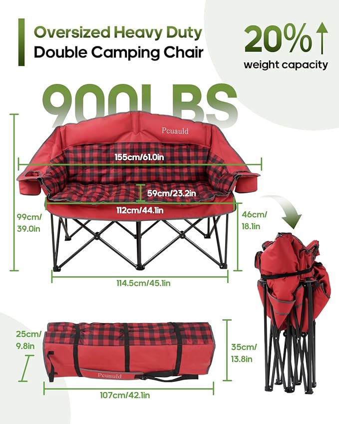 Double Camping Chair Padded Loveseat Camp Couch for Adults Oversized 2 Person Love Seat with 2 in 1 Carry Bag Heavy Duty Folding Outdoor Sofa with Cup Holders for Lawn Beach Tailgating Red