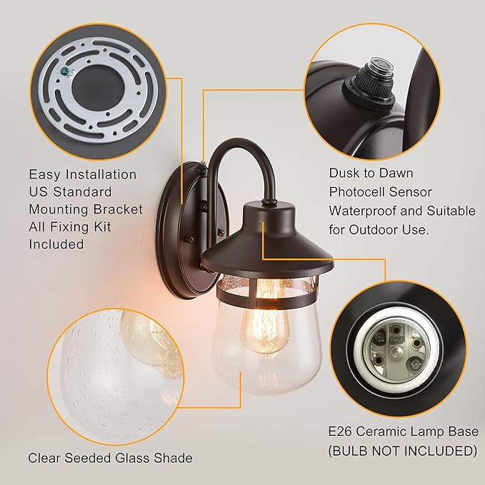 Updated Dusk to Dawn 1-Light Outdoor Wall SconceWaterproof &amp Rust-Proof and Sturdy Metal Lamp Body in Oil Rubbed Bronze Fully Sealed Clear Seeded Glass ShadeBulb Not Included