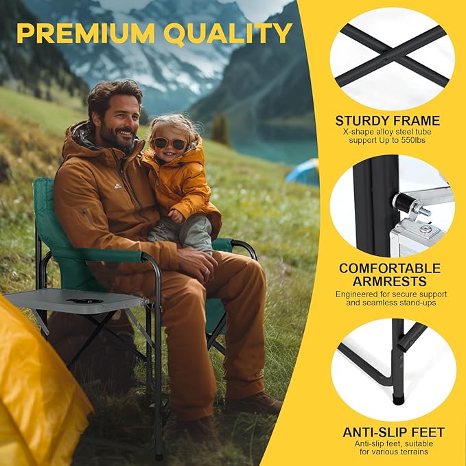 NAIZEA Heated Director Chair-Heated Camping Chair for Adult Oversized Outdoor Chairs with Side Table Pockets Makeup Folding Chairs Supports 550lbs(Power Bank Not Included)