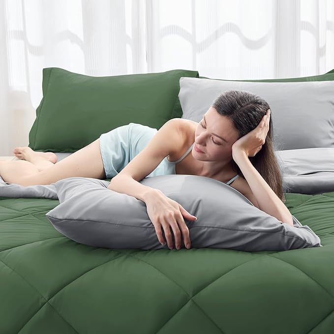 HEVUMYI Queen Comforter Set - 7-Piece All Season Bed in a Bag Queen Ultra Soft Bedding Set with Comforter Flat Sheet Fitted Sheet Pillowcases Pillow Shams Green &amp Light Grey