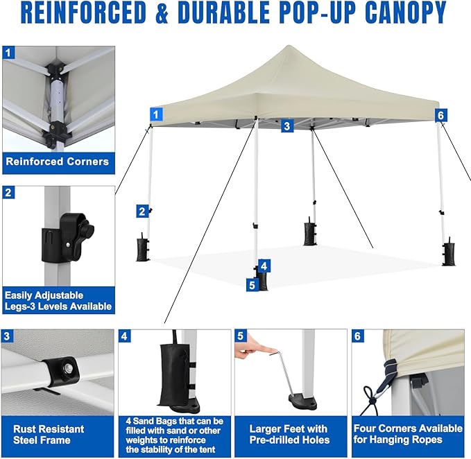Yesker 10x10 Pop Up Canopy Tent with 4 Sidewalls Portable Folding Outdoor Canopy Easy Setup Gazebo Waterproof Instant Shelter Tent w Wheel Carry Bag sandbag for Events Parties Camping Khaki Brown