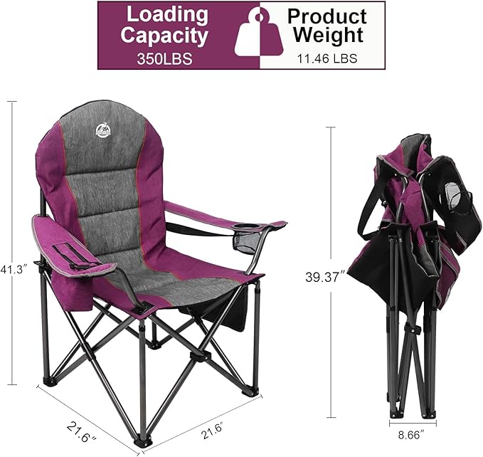 Northroad Oversized Portable Camping Chair Full Padded Outdoor Folding Chair Support 350 LBS Heavy Duty Lawn Chair with Cup Holder Cooler Bag Lumbar Support Head Pocket for Adult (Purple)