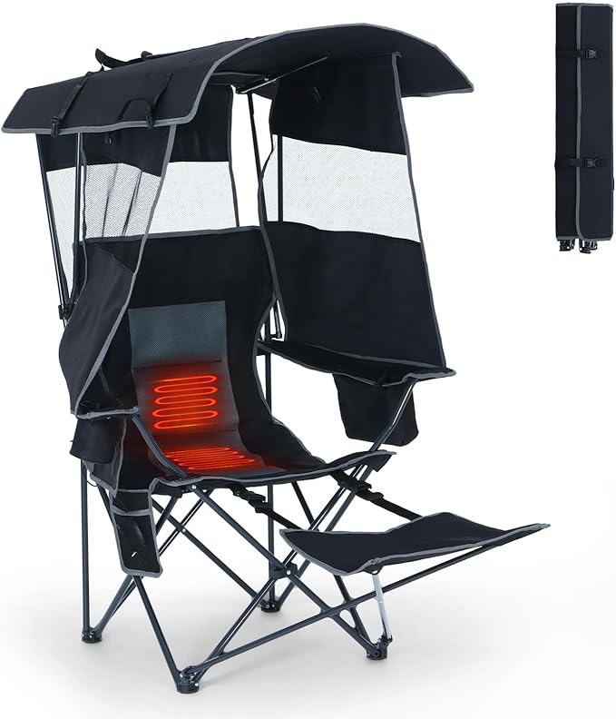 CDEN Heated Canopy Chair with Battery Heated Camping Chair with Footrest Umbrella Chairs Foldable With Detachable Footrest Cooler Bag Cup Holder Side Pocket Power Bank Included (1 Pack Black)