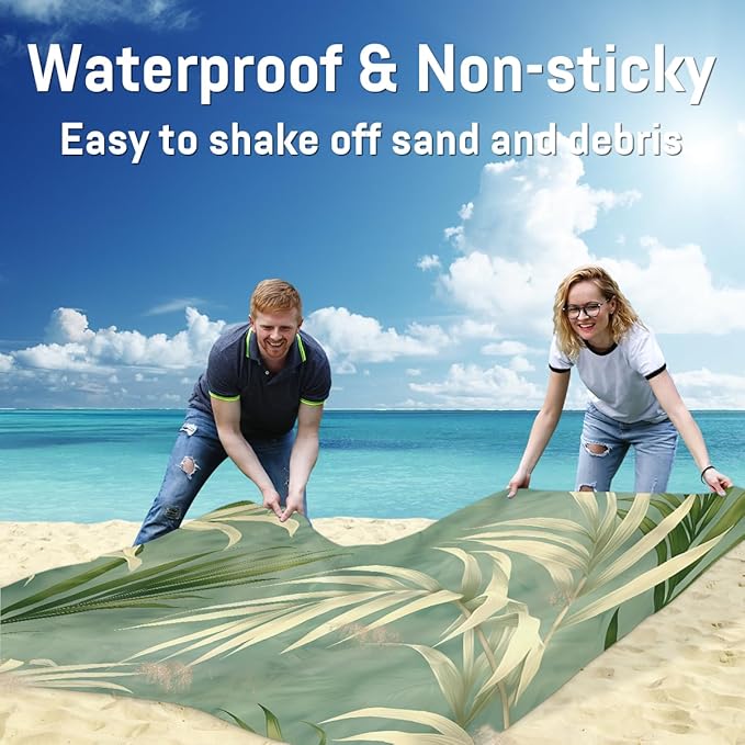 Waterproof Sandproof Beach Blanket 59''×68'' Plants Leaves Polyester Outdoor Picnic Blanket with 4 Stakes &amp Storage Bag for BeachCampingVacation Milk Green