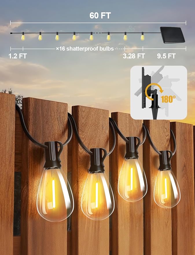 Tenmiro 60FT Solar String Lights Outdoor with Remote and 16+2 LED Shatterproof Bulbs Dimmable &amp Timing 3 Light Modes Solar Patio String Lights for Cafe Garden Deck Outside Wedding Last for 10+H