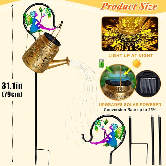 Solar Watering Can Lights Outdoor Garden Decor Large Fairy Hanging Lantern with Shepherd Hook Waterproof Garden Lights for Outdoor Yard Gifts for Mom Grandma Mothers Day Gifts