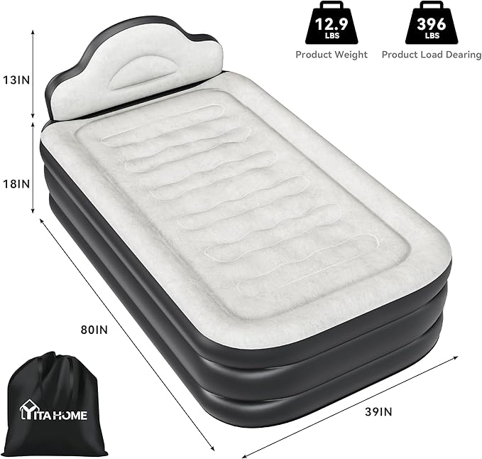 YITAHOME Twin XL Size Air Mattress with Built-in Pump 18in Inflatable Bed with Headboard Blow Up Mattress with Carry Bag and Repair Tools for Guest Travel and Camping Black