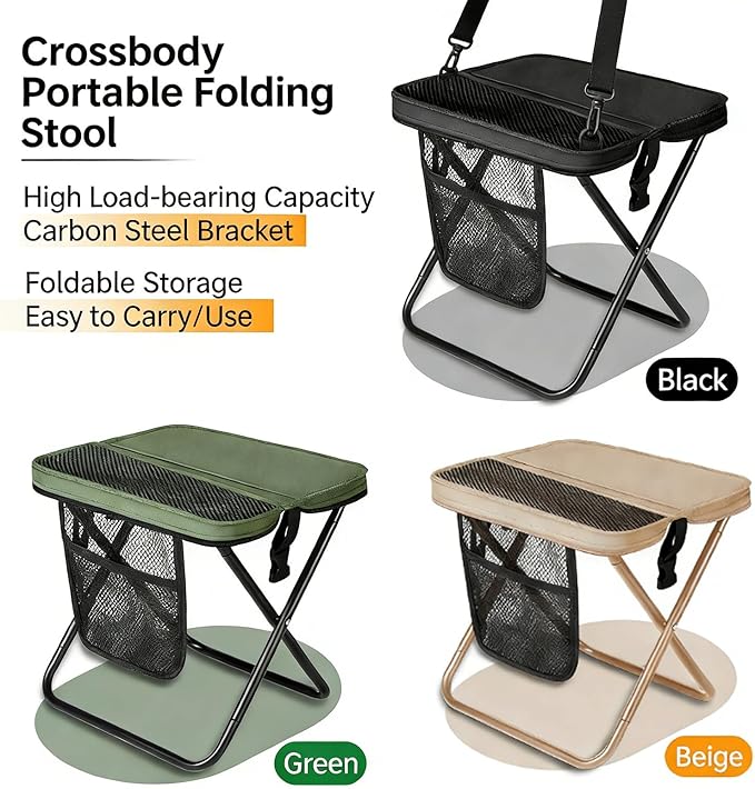 Portable Folding Stool with Storage Bag Lightweight Crossbody Design Carbon Steel Frame Mesh Side Pocket (Beige)