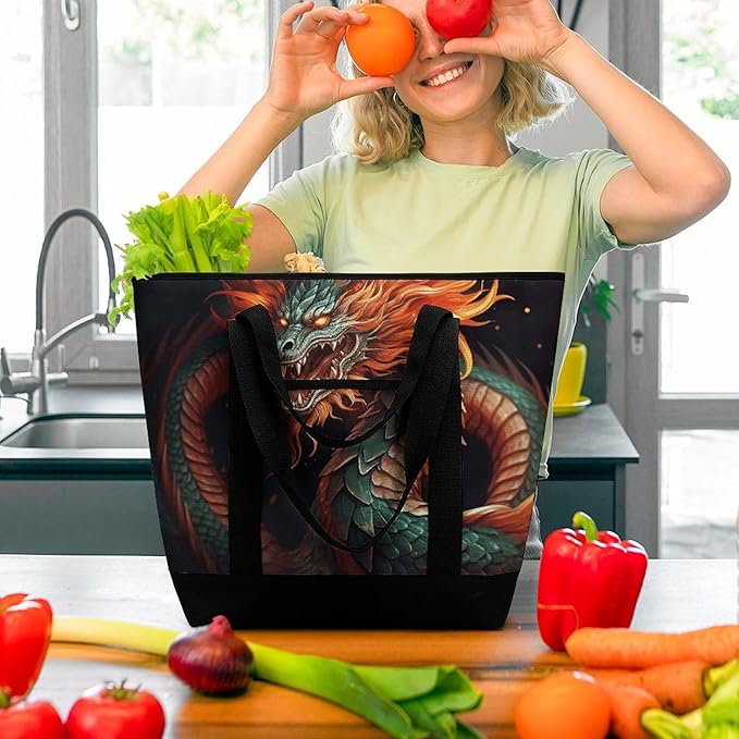 Insulated Shopping BagLarge Reusable Cooler Bags Chinese Dragon Printed Foldable Shopping BagTravel Waterproof Shoulder Bag