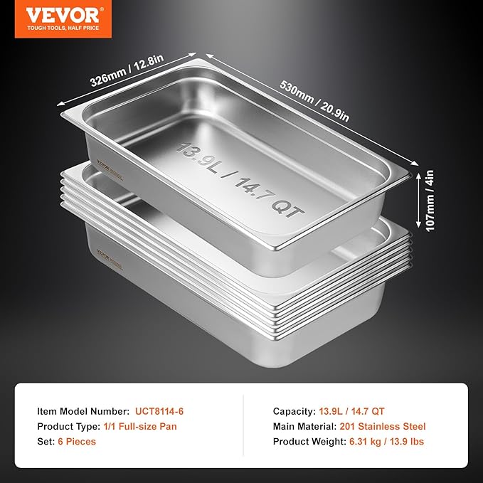 VEVOR 6 Pack Stainless Steel Hotel PansFull Size 4 Inch Deep 0.8mm Thick Anti-Jam Commercial Food Pans for Steam Tables Restaurants Catering &amp Industrial Use