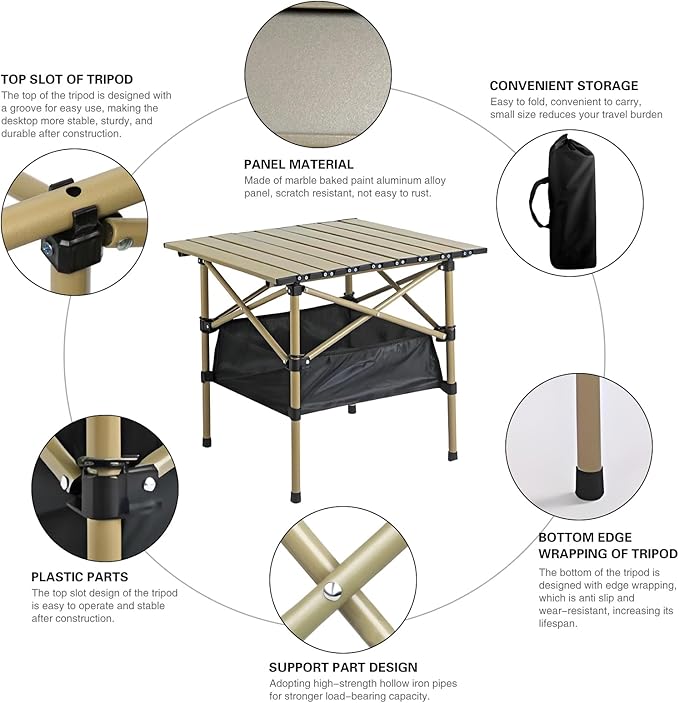 Folding Camping TablePortable Camping TableLightweight Aluminum Folding BeachEquipped with Storage Net Pocket Suitable for Outdoor(Beige 20 * 20 INCH)