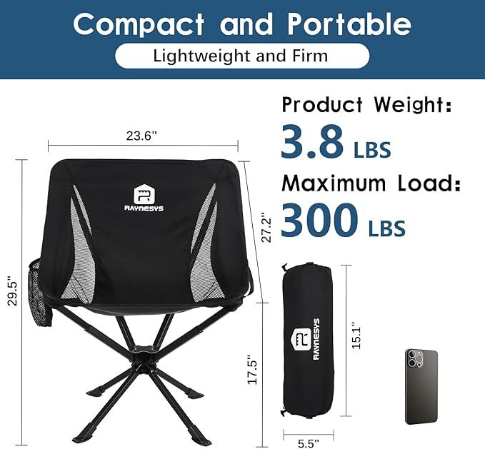 Portable Camping Chair 2 Pack 8 Seconds Quick Setup Folding Camping Chair Flexible 360° Rotation 3.8Lb Lightweight Travel Chairs for Easy Carry to Hiking Sporting Travel Beach