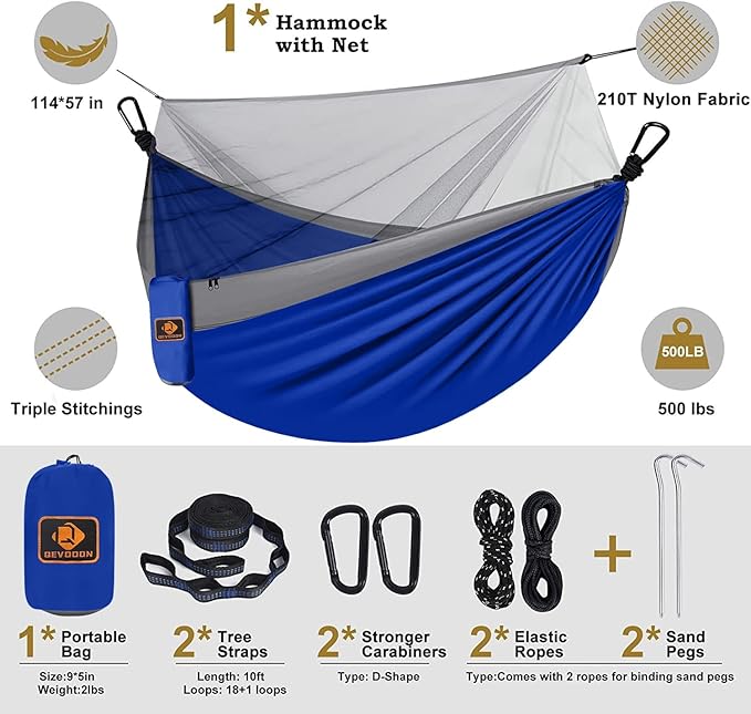 Camping Hammock with NetPortable Lightweight Double Hammocks with Tree Straps and Solid D-Shape CarabinersParachute Nylon Hammock for Backpacking Beach Backyard Patio Hiking Blue&ampGrey