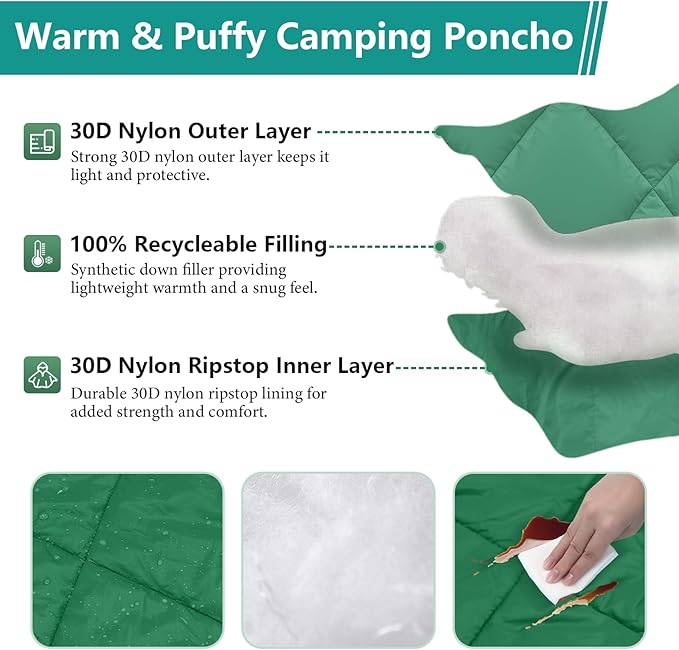 Camping Outdoor Blanket Ultralight Down Alternative Printed Travel Camp Blankets for Sleeping Packable Waterproof Puffy Quilt for Hammock Picnic Stadium Beach Cold Weather (Green Blanket Poncho)