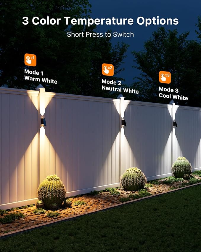 8 Pack Solar Powered Fence Lights Outdoor (Warm/Neutral/Cool White) Waterproof Up and Down Wall Mount LED Decorative Lamp for Outside Patio House Backyard Porch Deck Garden with 3 Lighting Modes