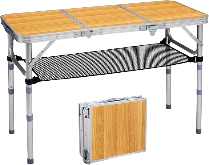 VINGLI Small Folding Table Portable 3FT Aluminum Foldable Camping Table for Picnic Card Table with 3 Adjustable Height &amp Carry Handle for Outdoor Indoor Hiking Camp BBQ Beach-Natural