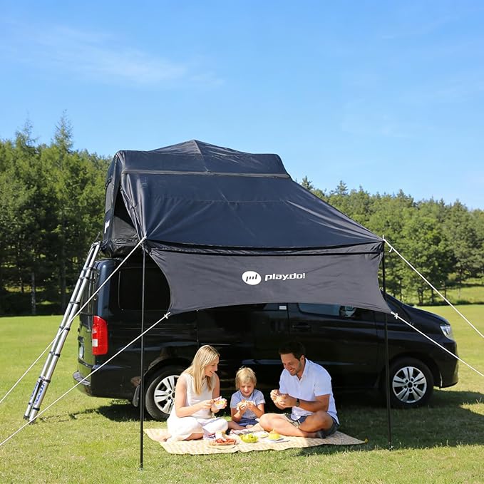 PlayDo Inflatable Rooftop Tent Easy Setup Camping Tent for The Roof of Sedans Pickup Blow Up Roof Top Tents SUV Truck Van Glamping Tent with Porch Strip Light for 2-3 Person