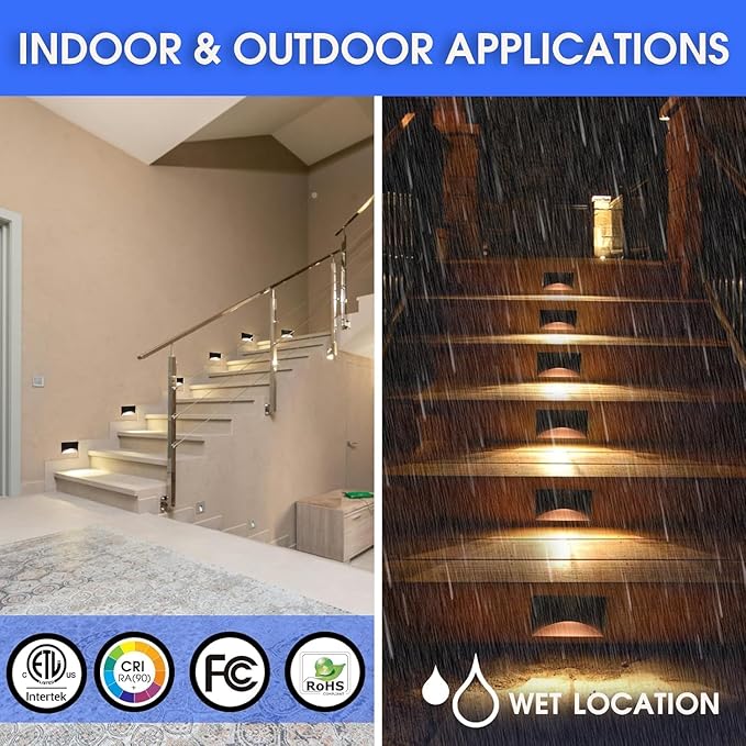 Energetic 120V LED Stair Lights - 2200K/2700K/3000K/4000K/5000K Outdoor Step Lights 3W Dimmable Stairway Lights Indoor CRI90 ETL Listed Wet Location Aluminum 5CCT Black Pack of 6