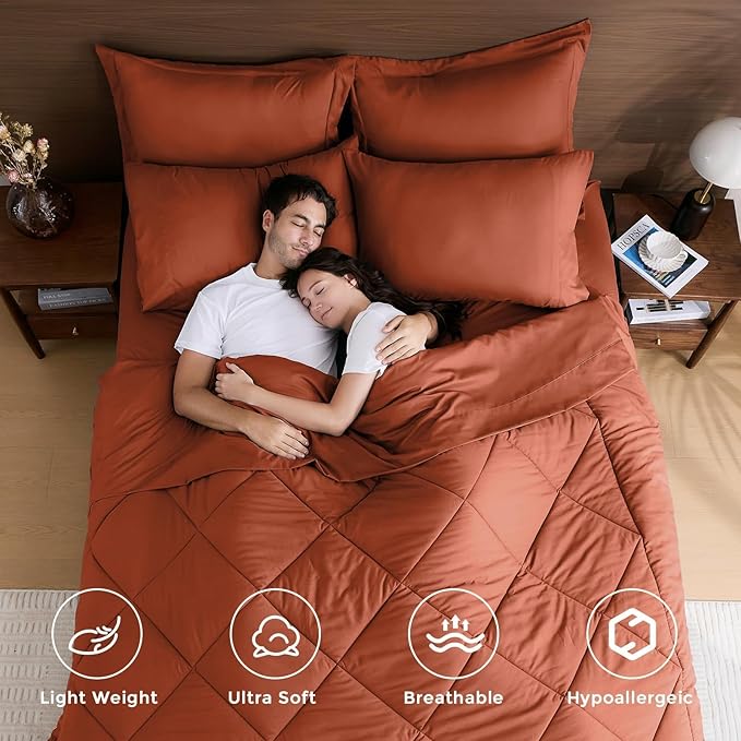 HEVUMYI Burnt Orange Twin-XL Comforter Set - 5-Piece All Season Bed in a Bag Twin-XL Ultra Soft Bedding Set with Comforter Flat Sheet Fitted Sheet Pillowcases Pillow Shams