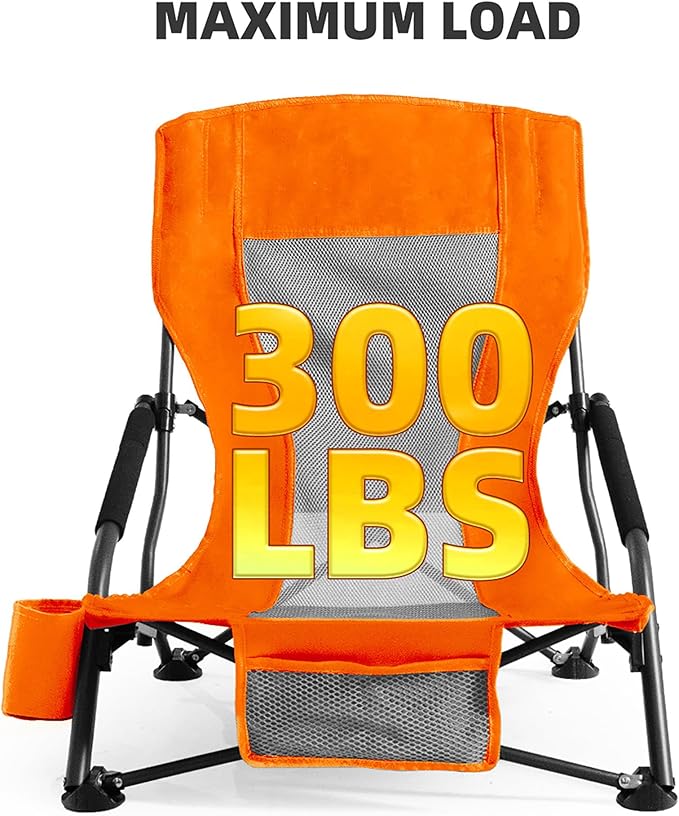 Portable Folding Beach Chair for Adults Set of 4- Lightweight Low Back Sling Chair with Cup Holder 300lbs Capacity Camping Chair for Outdoor Lawn Concert Travel (Orange)
