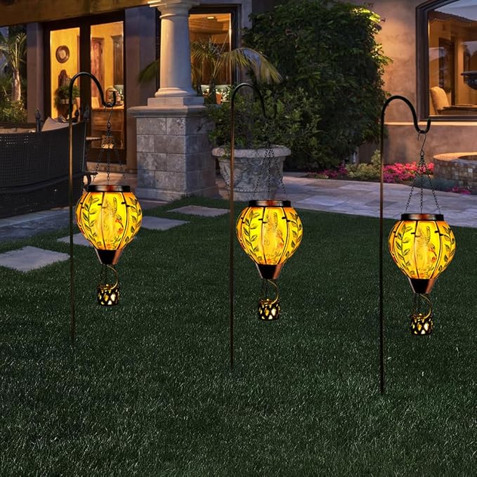 Hummingbird Hot Air Balloon Solar Lantern with Flame  Waterproof Solar Hot Air Balloon Lantern Hanging Outdoor Lanterns Decor for Patio Porch Garden