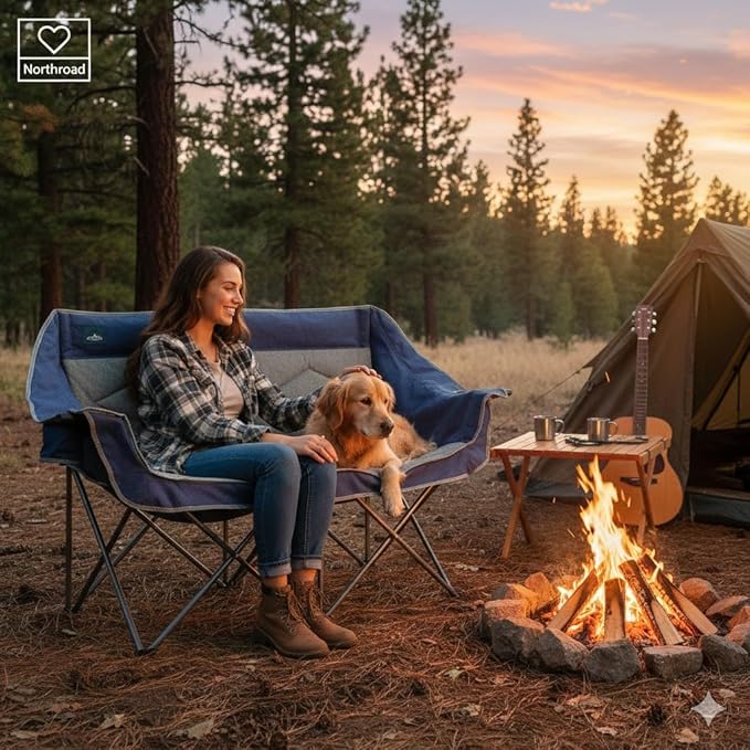 Northroad Folding Loveseat Camping Chair Portable Double Duo Full Padded Garden Chair for 2 Person Sofa w/ 2 Cup HolderWine Glass HolderMesh StorageSupport 500lbs for Picnic Beach Travel(Blue)