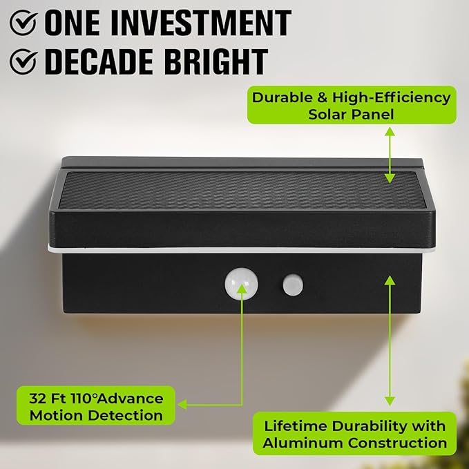 Solar Motion Sensor Outdoor Lights 2-Pack - 600 Lumen 3 Modes IP44 Waterproof Aluminum Solar Wall Address Light with 10H Runtime for Garden/Fence Black SG601020