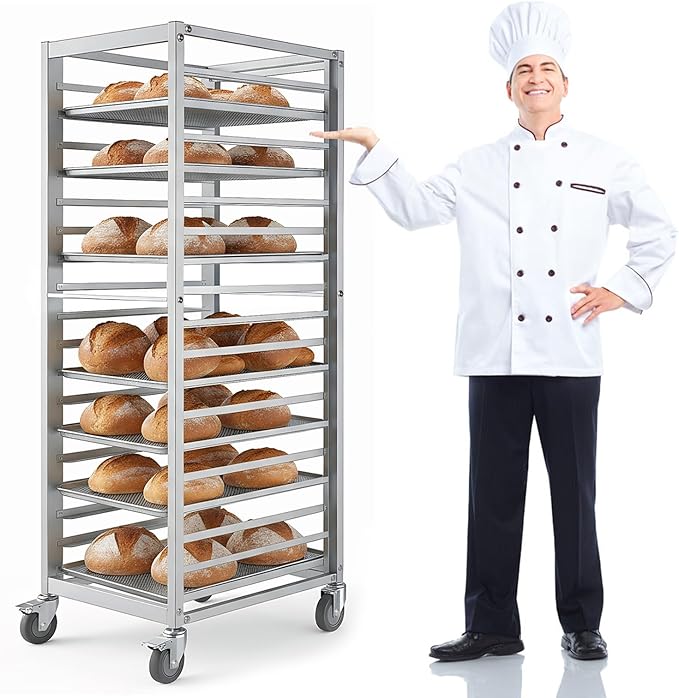 Commercial Aluminum Bakery Rack 18 Tier Heavy Duty Bun Pan Rack with 4 Swivel Casters 70 Inch Tall Sheet Pan Holder for Restaurant Pizzeria Kitchen Storage