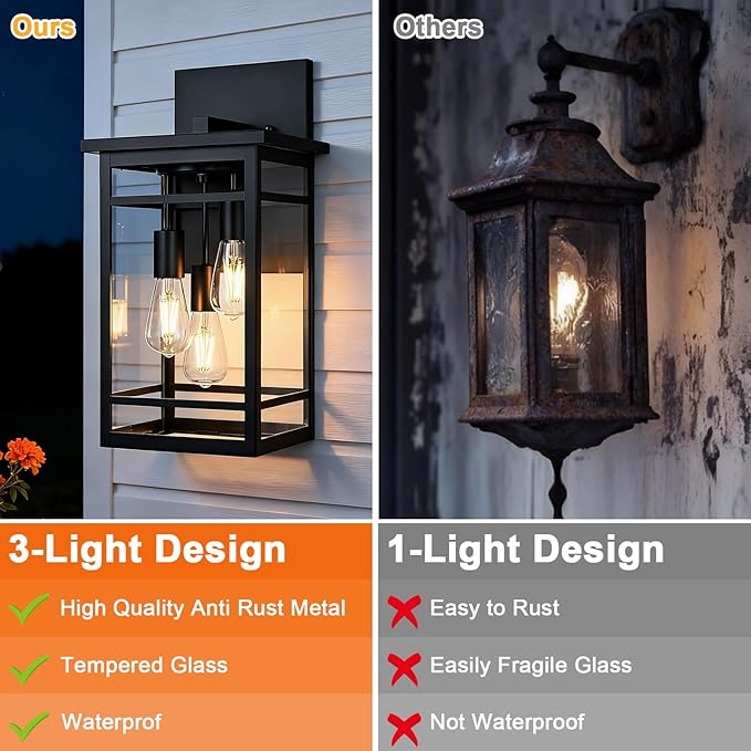 3 Lights Large Outdoor Wall Sconce LightsBlack Modern Outdoor Wall Light FixturesExterior Lighting Fixtures Waterproof Outside Front Porch Lantern for HousePatioGarage with E26 Base