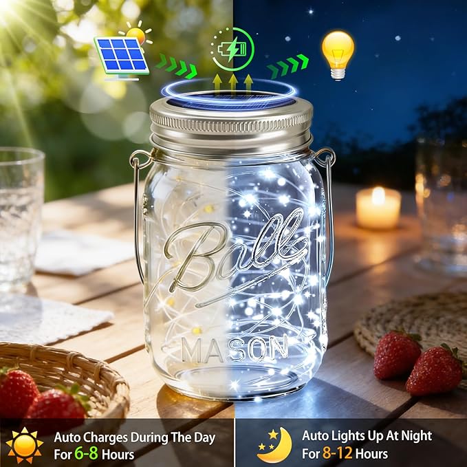 VOOKRY 12 Pack Solar Mason Jar Lights 30 LED Mason Jar Lids Waterproof Firefly Fairy String Lights with 12 Hangers(No Jars) for Outdoor Patio Garden Yard Lawn Party Wedding Decoration - Cool White