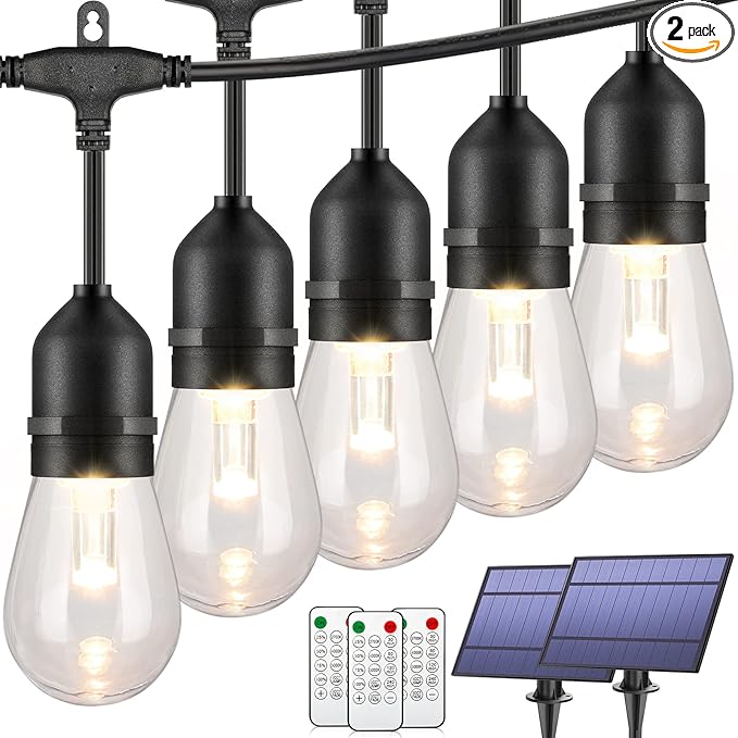 Mlambert 2 Pack Each 48FT 3-Color in 1 Solar String Lights Outdoor Dimmable Patio Lights with Remote 30+5 Waterproof LED Bulbs for Cafe Bistro Yard