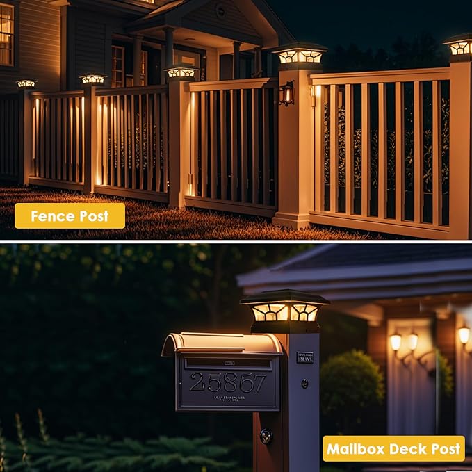 8 Pack Solar Post Cap Lights Outdoor Waterproof Fits 4x4 5x5 6x6 Wooden &amp Vinyl Fence Decks Edison LED Bulb with Warm &amp Cool White Light Modes (Classic Black 8)