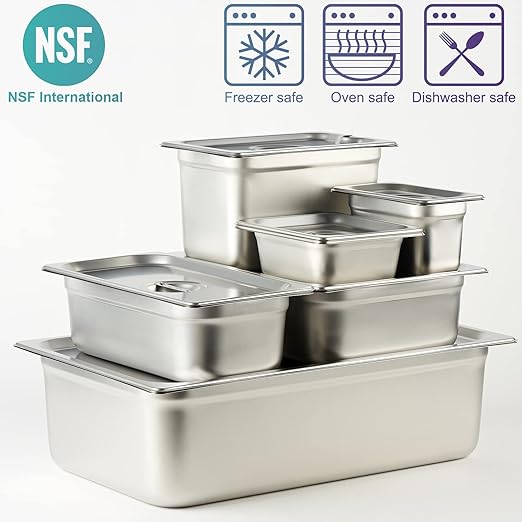 CURTA 6 Pack Anti-Jam Hotel Pans 1/4 Size 4 Inch Deep NSF Commercial 18/8 Stainless Steel Chafing Steam Table Pan Catering Storage Metal Food Pan