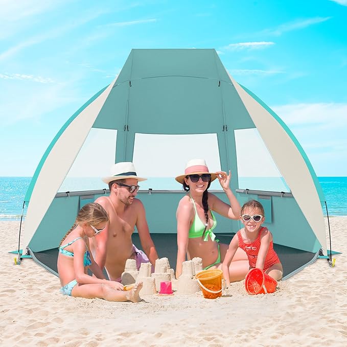 Gorich Portable Beach Tent for 3/4-5/6-7 Person with UPF 50+ UV Protection Lightweight &amp Foldable Sun Shelter with 5 Sand Bags Easy Setup Windproof Beach Umbrella Sun Shade
