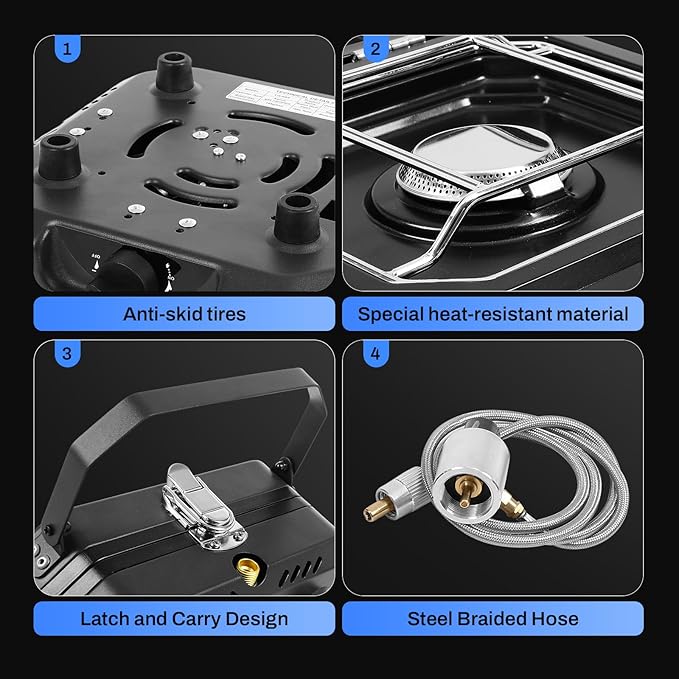 Adjustable 2-Burner Portable Stove with 16000 BTU with Camping Grill and Carrying Bag Portable Propane Camp Stove with 2 Burners &amp Piezo Ignition for Camping Backyard BBQTailgating (Black)