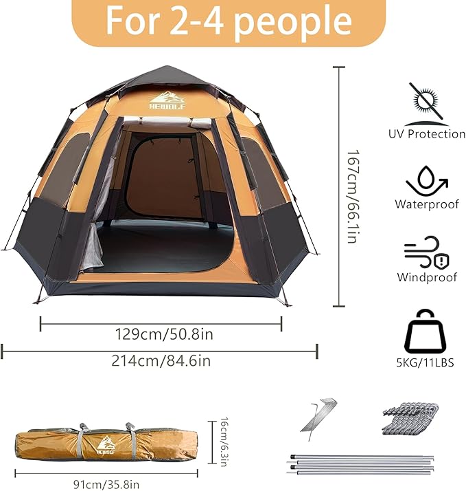 Hewolf 2/3/4 Person Camping Tent - Instant Pop Up Waterproof 2 Doors Tent with Easy Setup | 3-Season Hexagonal Dome Design for Family Hiking &amp Traveling