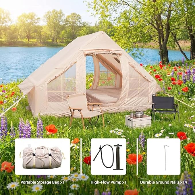 Inflatable Camping Tent with Hand Pump 3-5 Min Setup Glamping Tent for 4 People Waterproof Windproof 4 Seasons Air Cabin Tent with Mesh Windows &amp Chimney Port 118 Oxford Blow Up