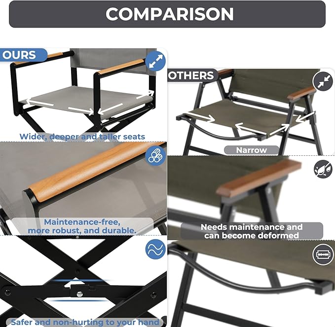 Grand patio Extra-Wide 4-Pack Directors Chairs Folding Dining Chair Set of 4 with Sling Woodgrain Armrests Outdoor Gray