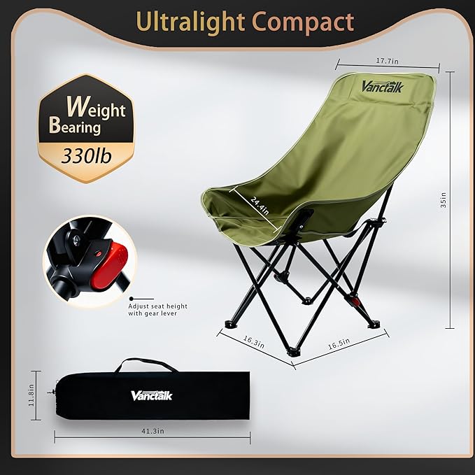 Outdoor Folding Chair Ultralight 4.4LBS Portable Camping Chair with Adjustable Gear Lever &amp Carry Bag 330LBS Heavy Duty Carbon Steel Chair for Camping Hiking Picnic Outdoor Activities