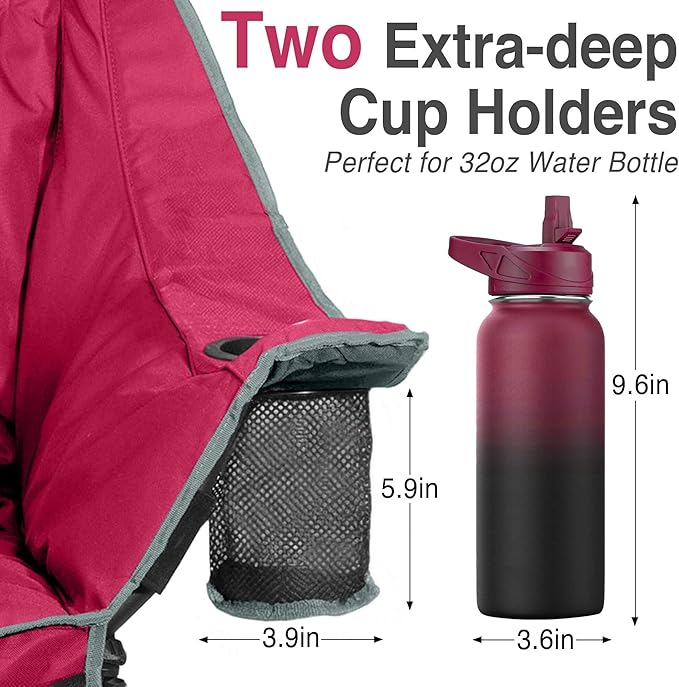 Oversized Camping Chair for Adults - Heavy Duty 400 lbs Padded Folding Chair with Wine Glass Holder 2 Cup Holders &amp Side Pockets Portable Carry Bag for RV Tailgating Lawn